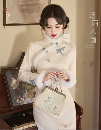 Women's Qipao Landiexue 蓝蝶雪 Asian Thicken Dress Chinese Modern Hanfu Clothing Velvet Cheongsam Winter