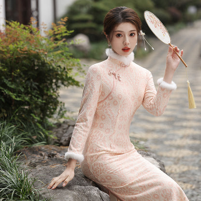 Chinese Modern Women's Qipao Dress  Furongchang 芙蓉裳 Clothing Traditional Cheongsam Winter Thicken Velvet