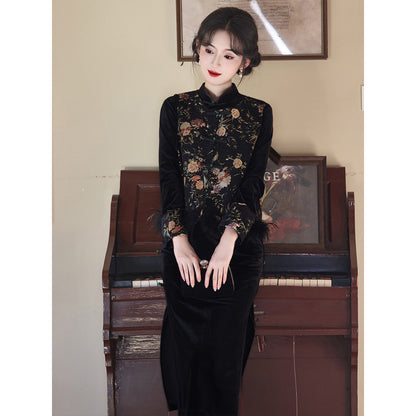 Women's Qipao Mobi 墨笔 Asian Thicken Dress Chinese Modern Hanfu Clothing Velvet Cheongsam Winter