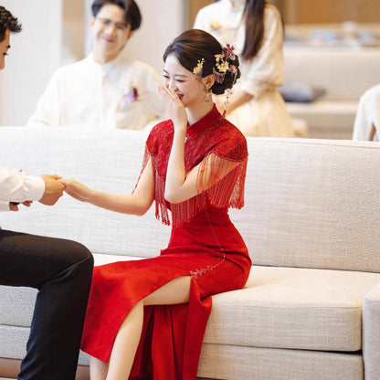 Wedding Qipao Chinese Clothes Hongzhu 红竹 Women's Modern Gown Tea Ceremony Dress Hanfu Cheongsam
