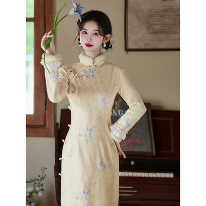 Women's Qipao Dielianhua 蝶恋花 Asian Thicken Dress Chinese Modern Hanfu Clothing Velvet Cheongsam Winter