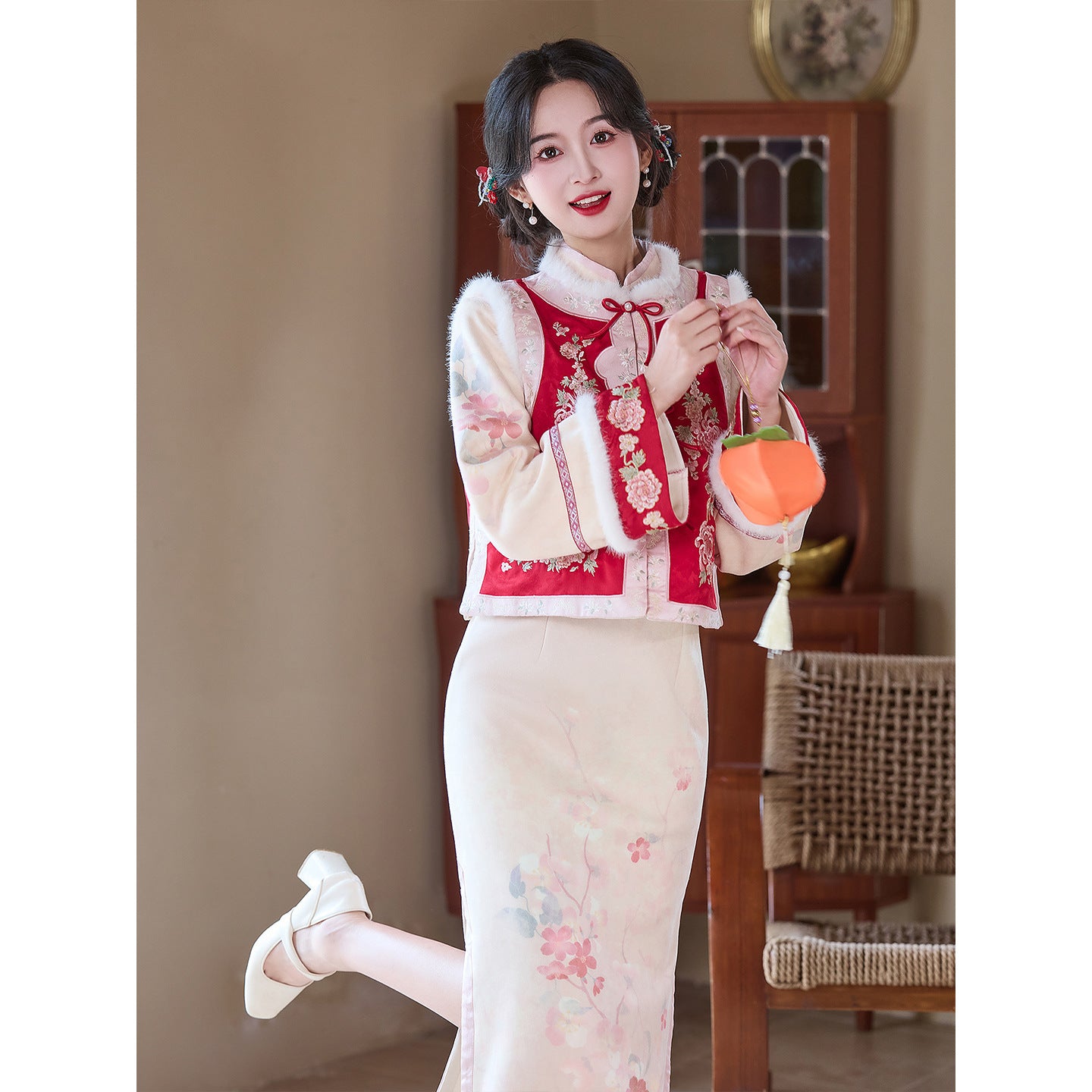 Women's Qipao Huaiqianshu 花千树 Asian Dress Chinese Thicken Modern Hanfu Clothing Velvet Cheongsam Winter Autumn