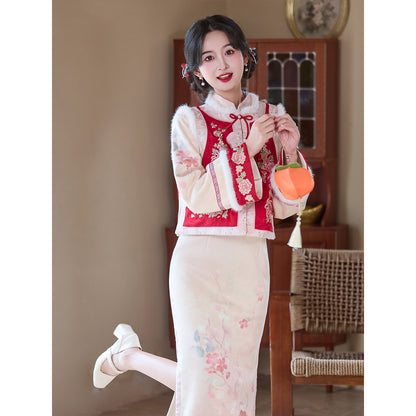 Women's Qipao Huaiqianshu 花千树 Asian Dress Chinese Thicken Modern Hanfu Clothing Velvet Cheongsam Winter Autumn