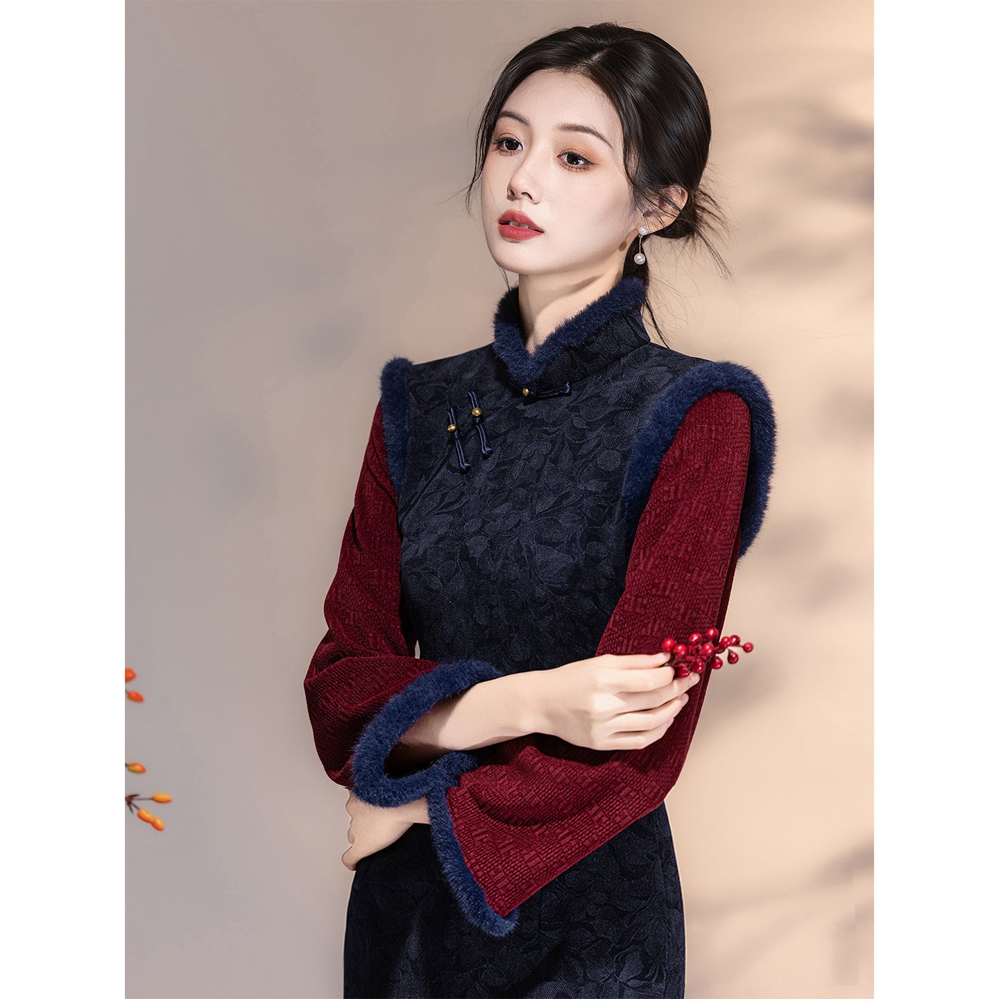 Women's Qipao Xiangsikou 相思扣 Asian Thicken Dress Chinese Modern Hanfu Clothing Velvet Cheongsam Winter