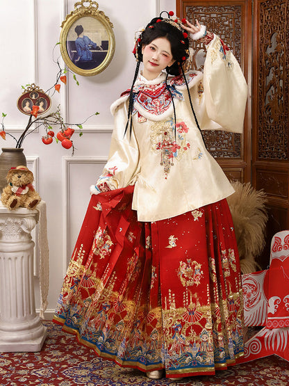 Ming Dynasty Mamian Clothing Ruyi 如意 Women's Chinese Traditional Thicken Velvet Lunar New Year Hanfu Autumn Winter