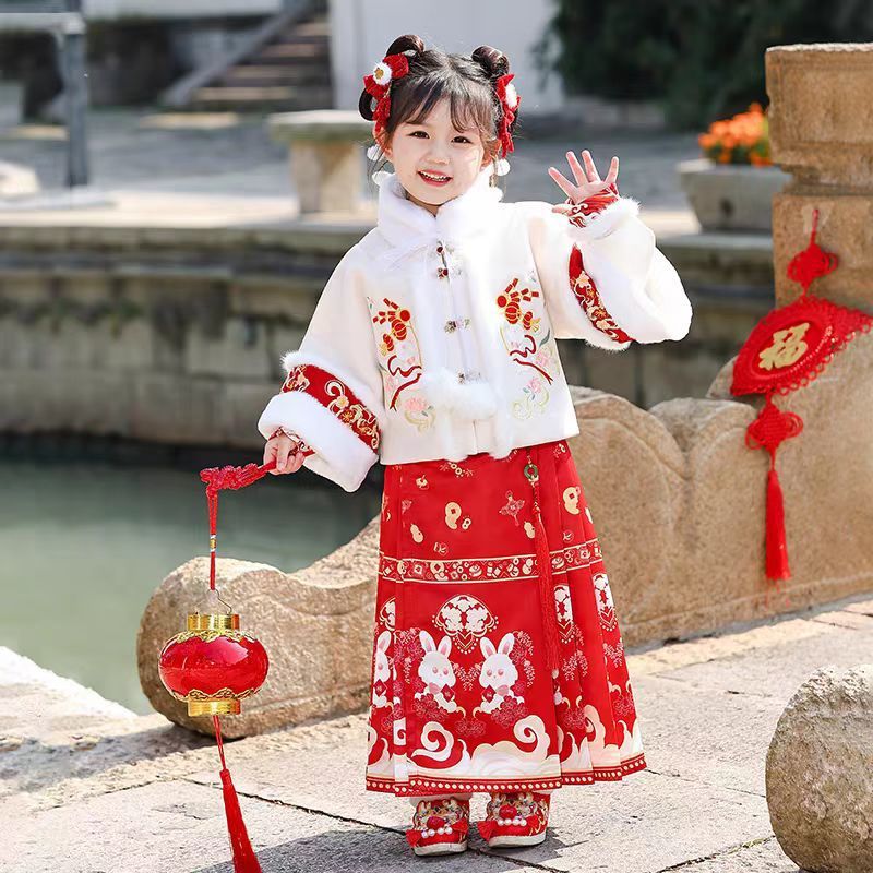 Children's Traditional Clothing Yutu 玉兔 Chinese Lunar New Year Velvet Hanfu Suit