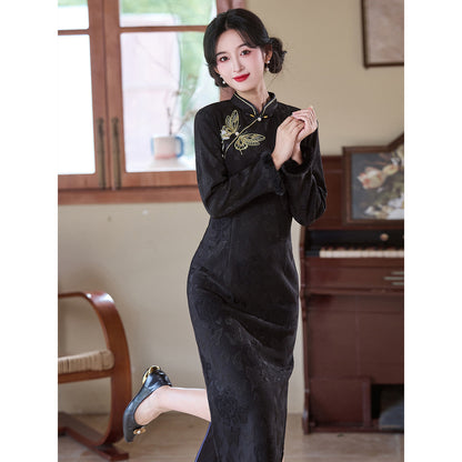 Women's Qipao Jindiexiu 金蝶绣 Asian Dress Chinese Thicken Modern Hanfu Clothing Velvet Cheongsam