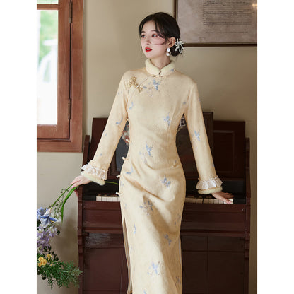 Women's Qipao Dielianhua 蝶恋花 Asian Thicken Dress Chinese Modern Hanfu Clothing Velvet Cheongsam Winter