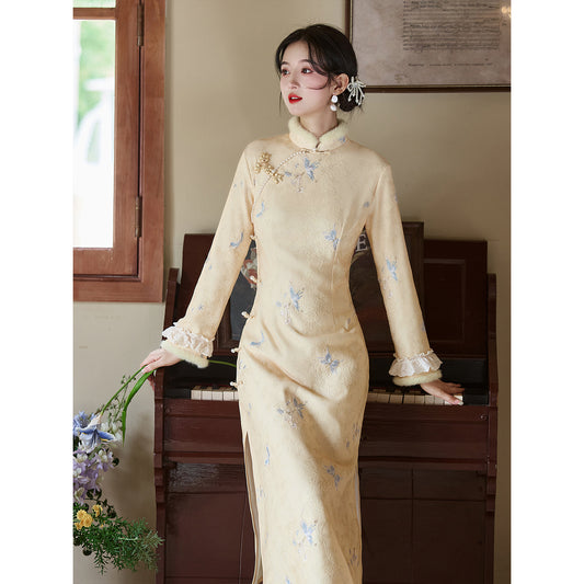 Women's Qipao Dielianhua 蝶恋花 Asian Thicken Dress Chinese Modern Hanfu Clothing Velvet Cheongsam Winter