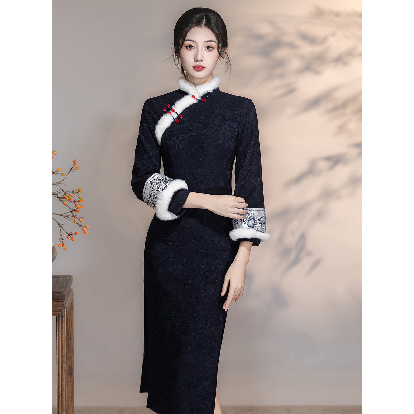 Women's Qipao Qinghua 青花 Asian Thicken Dress Chinese Modern Hanfu Clothing Velvet Cheongsam Winter