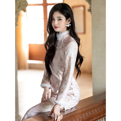 Women's Qipao Huadie 化蝶 Asian Thicken Dress Chinese Modern Hanfu Clothing Velvet Cheongsam Winter