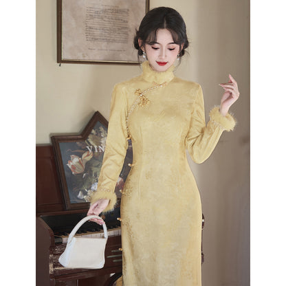 Women's Qipao Heshangting 荷上蜓 Asian Thicken Dress Chinese Modern Hanfu Clothing Velvet Cheongsam Winter
