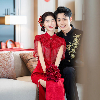 Wedding Qipao Chinese Clothes Hongzhu 红竹 Women's Modern Gown Tea Ceremony Dress Hanfu Cheongsam