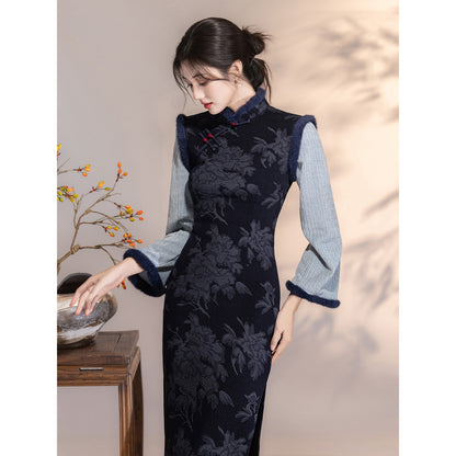 Women's Qipao Yuanwen 愿闻 Asian Thicken Dress Chinese Modern Hanfu Clothing Velvet Cheongsam Winter