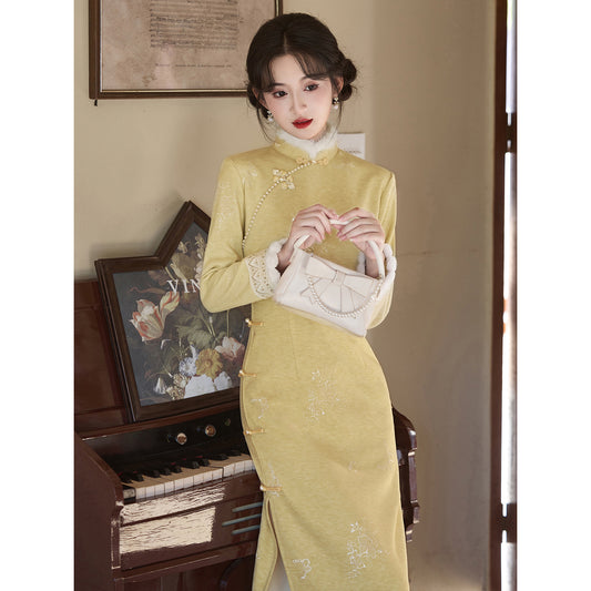 Women's Qipao Xiangling 香铃 Asian Thicken Dress Chinese Modern Hanfu Clothing Velvet Cheongsam Winter