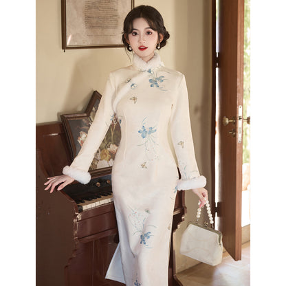 Women's Qipao Landiexue 蓝蝶雪 Asian Thicken Dress Chinese Modern Hanfu Clothing Velvet Cheongsam Winter