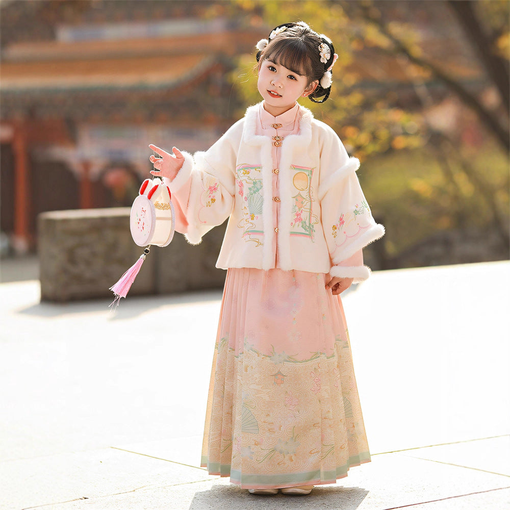 Ming Dynasty Girl's Mamian Skirt Yuanyou 园游 Children's Chinese Velvet Traditional Clothing Hanfu Suit