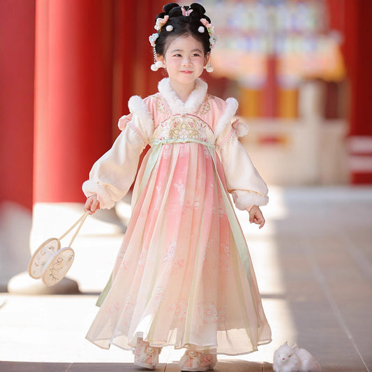 Tang Dynasty Girl Velvet Ruqun Huazhao 花朝 Children's Chinese Traditional Clothing Hanfu Suit