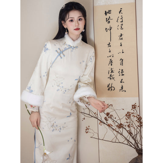 Women's Qipao Xiudie 绣蝶 Asian Thicken Dress Chinese Modern Hanfu Clothing Velvet Cheongsam Winter