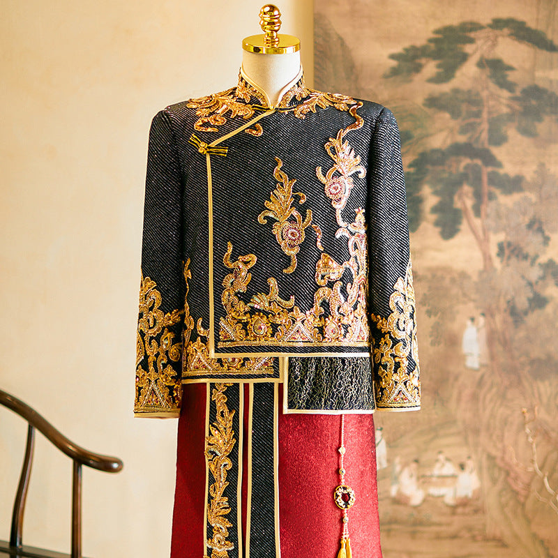 Men's Chinese Wedding Clothing Long Sleeves Long 龙 Male Attire
