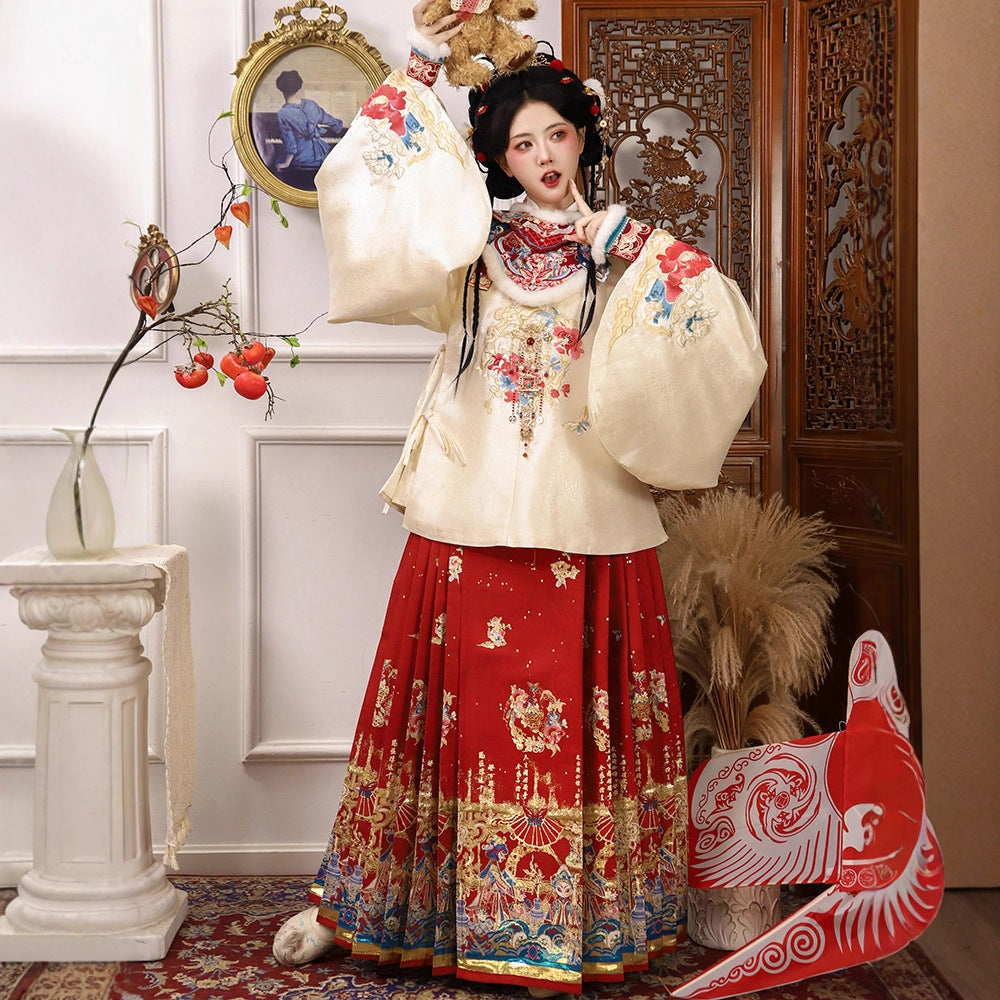 Ming Dynasty Mamian Clothing Ruyi 如意 Women's Chinese Traditional Thicken Velvet Lunar New Year Hanfu Autumn Winter