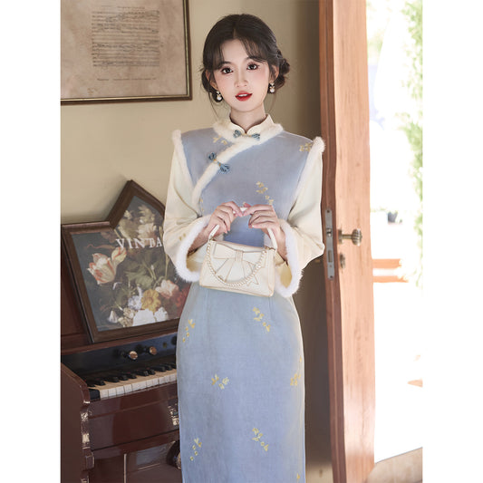 Women's Qipao Xiaohuanghua 小黄花 Asian Thicken Dress Chinese Modern Hanfu Clothing Velvet Cheongsam Winter