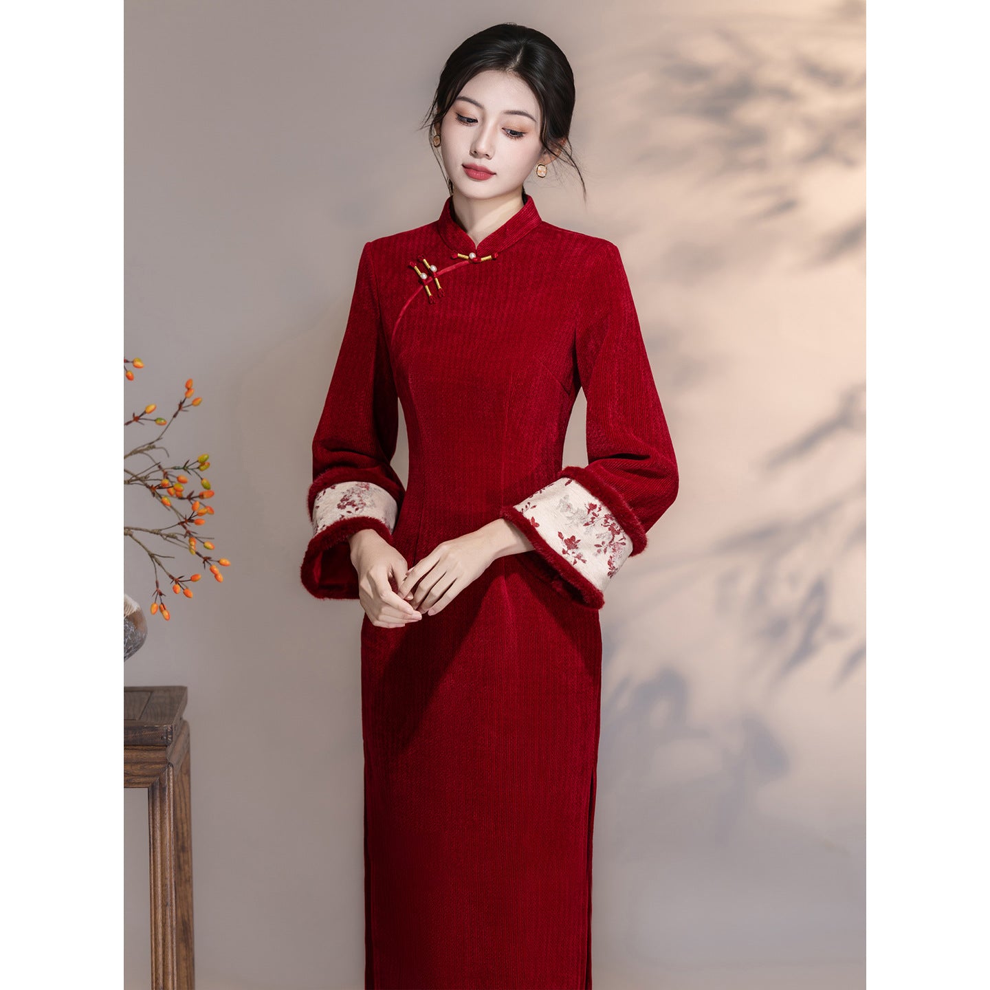 Women's Qipao Wangyue 望月 Asian Thicken Dress Chinese Modern Hanfu Clothing Velvet Cheongsam Winter