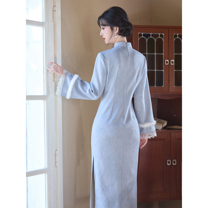 Women's Qipao Lanman 蓝蔓 Asian Dress Chinese Thicken Modern Hanfu Clothing Velvet Cheongsam