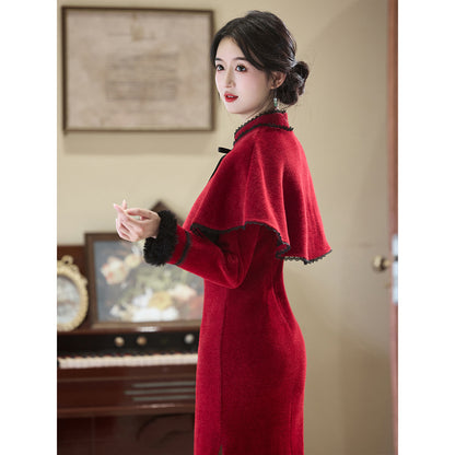 Women's Qipao Qingcheng 倾城 Asian Thicken Dress Chinese Modern Hanfu Clothing Velvet Cheongsam Winter