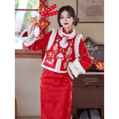 Women's Qipao Xinianle 喜年乐 Asian Dress Chinese Thicken Modern Hanfu Clothing Velvet Cheongsam Winter Autumn