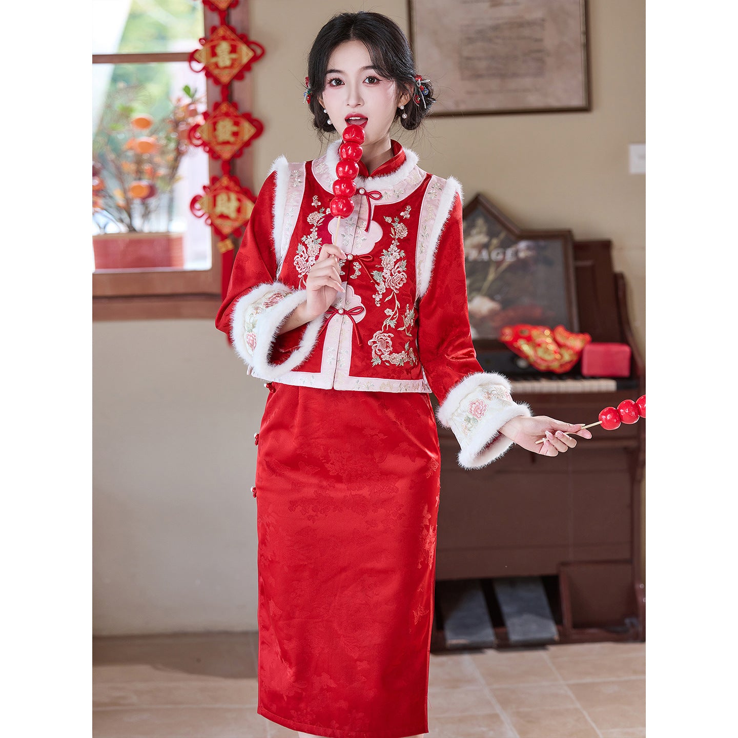 Women's Qipao Xinianle 喜年乐 Asian Dress Chinese Thicken Modern Hanfu Clothing Velvet Cheongsam Winter Autumn