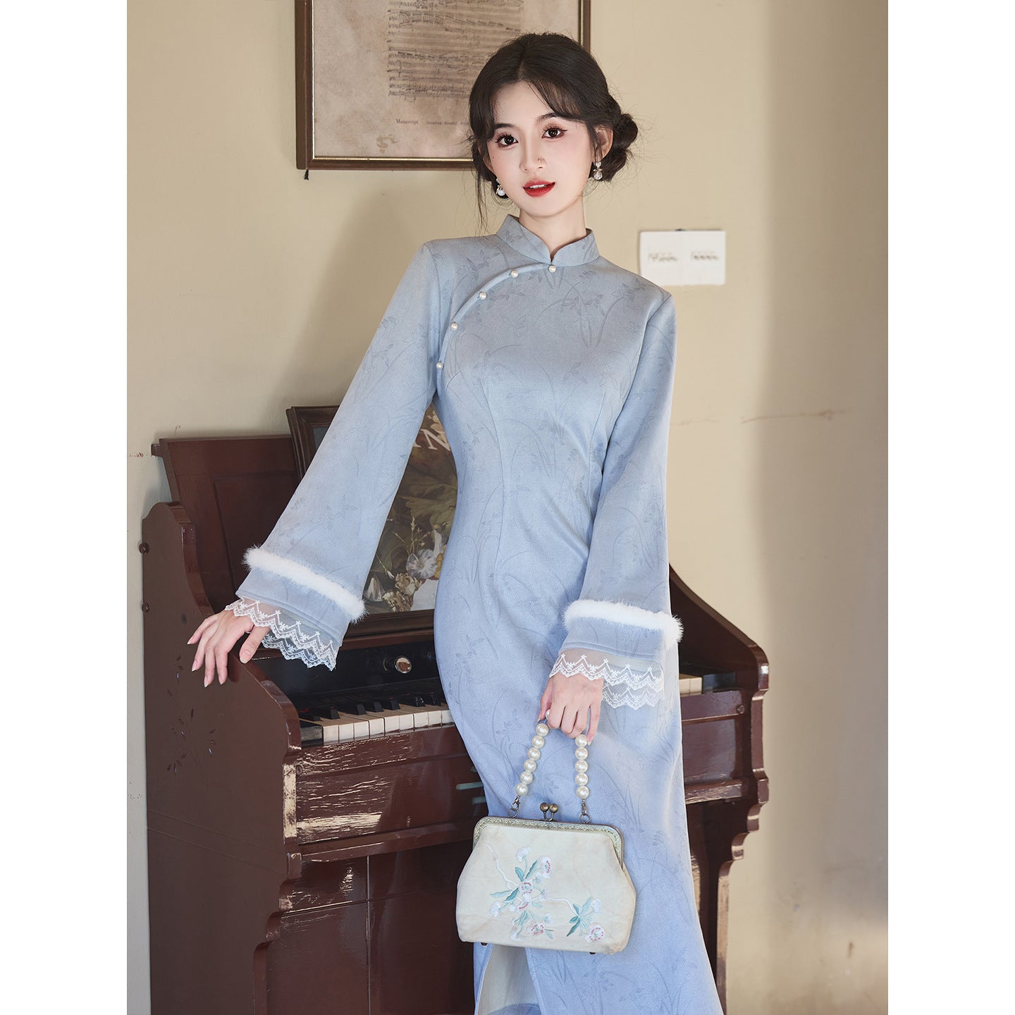 Women's Qipao Lanman 蓝蔓 Asian Dress Chinese Thicken Modern Hanfu Clothing Velvet Cheongsam