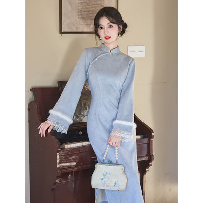 Women's Qipao Lanman 蓝蔓 Asian Dress Chinese Thicken Modern Hanfu Clothing Velvet Cheongsam