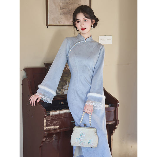 Women's Qipao Lanman 蓝蔓 Asian Dress Chinese Thicken Modern Hanfu Clothing Velvet Cheongsam