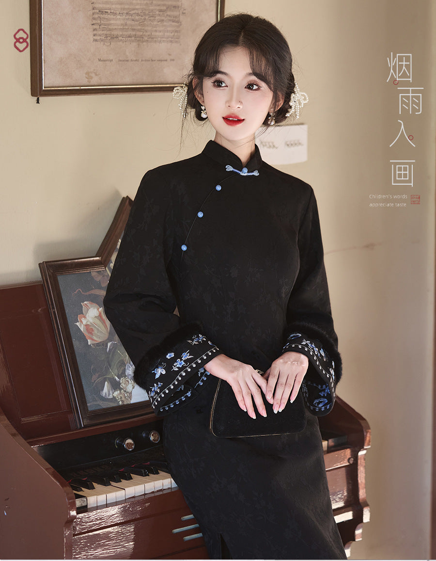 Women's Qipao Xueluo 雪落 Asian Thicken Dress Chinese Modern Hanfu Clothing Velvet Cheongsam Winter