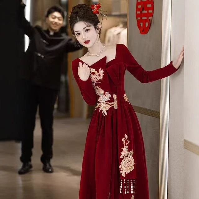 Chinese Wedding Clothes Xiafeng 霞凤 Women's Modern Gown Tea Ceremony Dress Hanfu