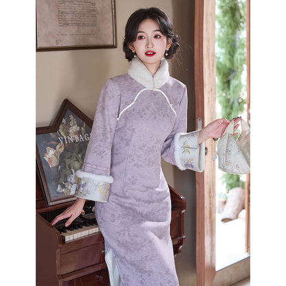 Women's Qipao Ziyan 紫颜 Asian Thicken Dress Chinese Modern Hanfu Clothing Velvet Cheongsam Winter