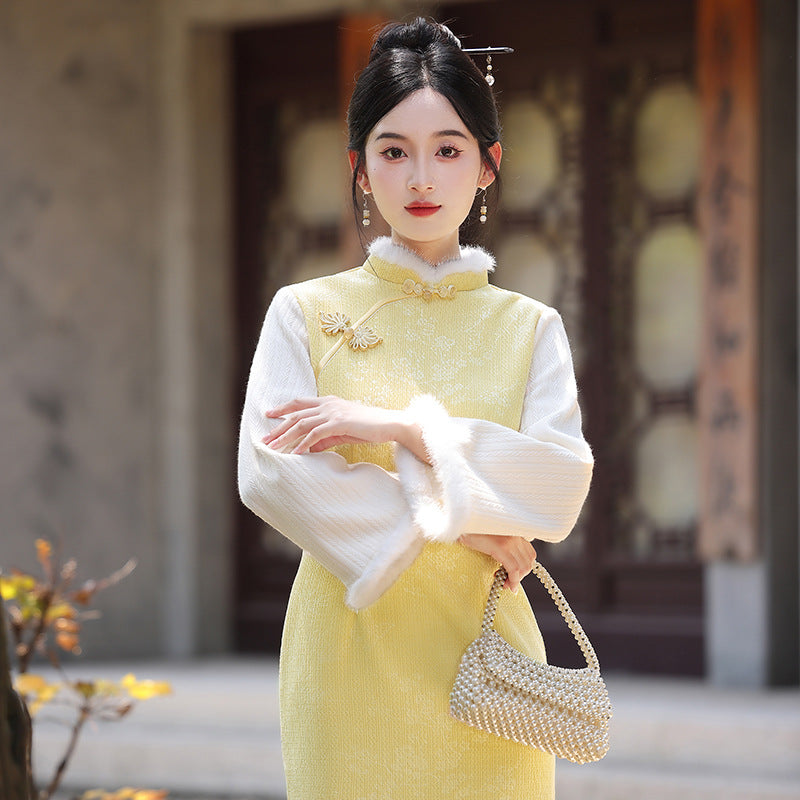 Women's Qipao Dongyun 冬韵 Asian Thicken Dress Chinese Modern Hanfu Clothing Velvet Cheongsam Winter