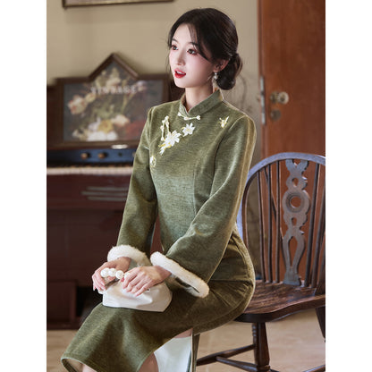 Women's Qipao Songxiang 松香 Asian Dress Chinese Thicken Modern Hanfu Clothing Velvet Cheongsam