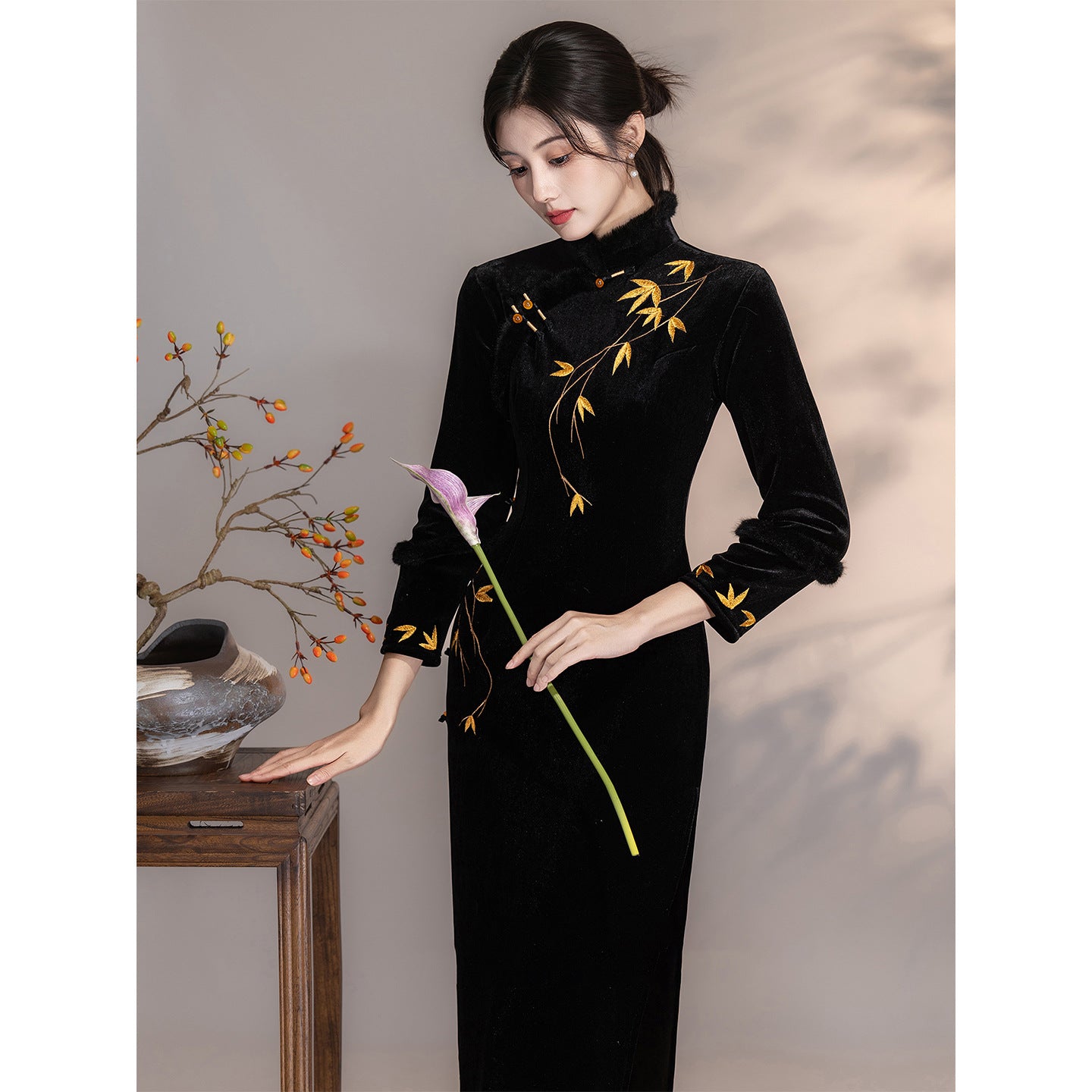 Women's Qipao Jinye 锦叶 Asian Thicken Dress Chinese Modern Hanfu Clothing Velvet Cheongsam Winter