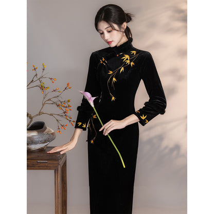 Women's Qipao Jinye 锦叶 Asian Thicken Dress Chinese Modern Hanfu Clothing Velvet Cheongsam Winter