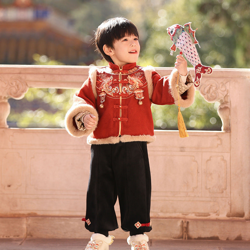 Children's Traditional boy's Clothing Duofu 多福 Chinese Kid's Lunar New Year Velvet Hanfu Suit