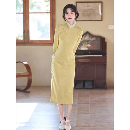 Women's Qipao Xiangling 香铃 Asian Thicken Dress Chinese Modern Hanfu Clothing Velvet Cheongsam Winter