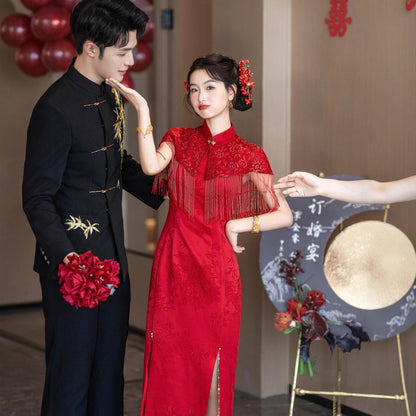 Wedding Qipao Chinese Clothes Hongzhu 红竹 Women's Modern Gown Tea Ceremony Dress Hanfu Cheongsam