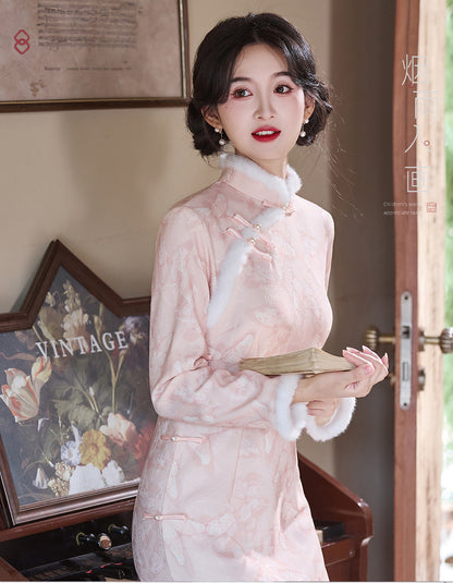 Women's Qipao Fendie 粉蝶 Asian Thicken Dress Chinese Modern Hanfu Clothing Velvet Cheongsam Winter