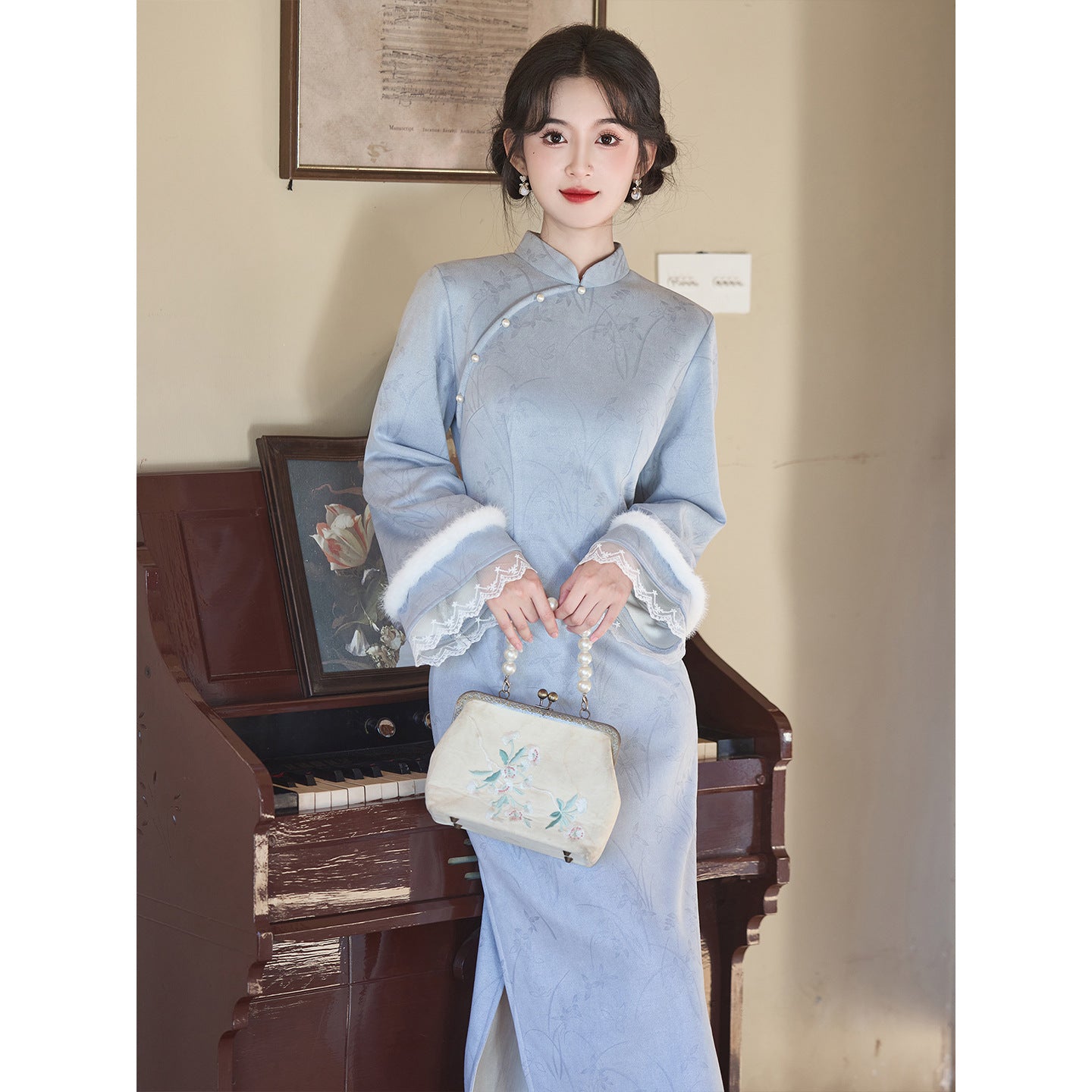 Women's Qipao Lanman 蓝蔓 Asian Dress Chinese Thicken Modern Hanfu Clothing Velvet Cheongsam