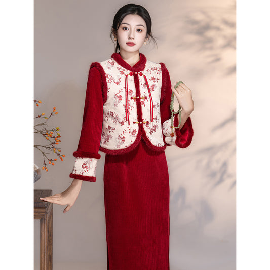 Women's Qipao Wangyue 望月 Asian Thicken Dress Chinese Modern Hanfu Clothing Velvet Cheongsam Winter