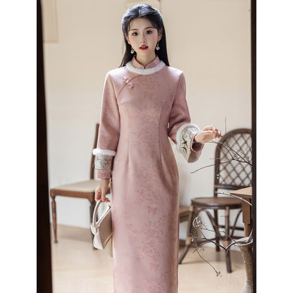 Women's Qipao Chayan 茶烟 Asian Thicken Dress Chinese Modern Hanfu Clothing Velvet Cheongsam Winter