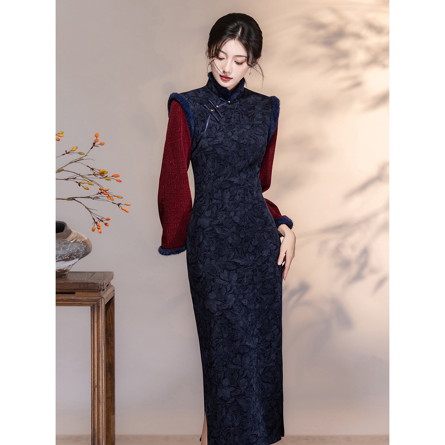 Women's Qipao Xiangsikou 相思扣 Asian Thicken Dress Chinese Modern Hanfu Clothing Velvet Cheongsam Winter