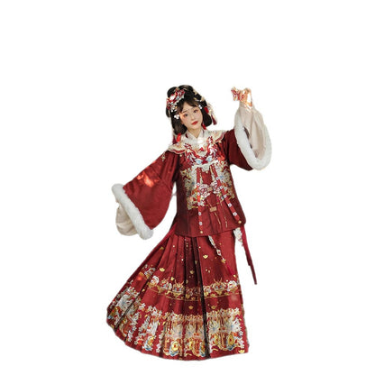 Ming Dynasty Mamian Clothing Linglong 灵龙 Women's Chinese Traditional Thicken Velvet Lunar New Year Hanfu Autumn Winter